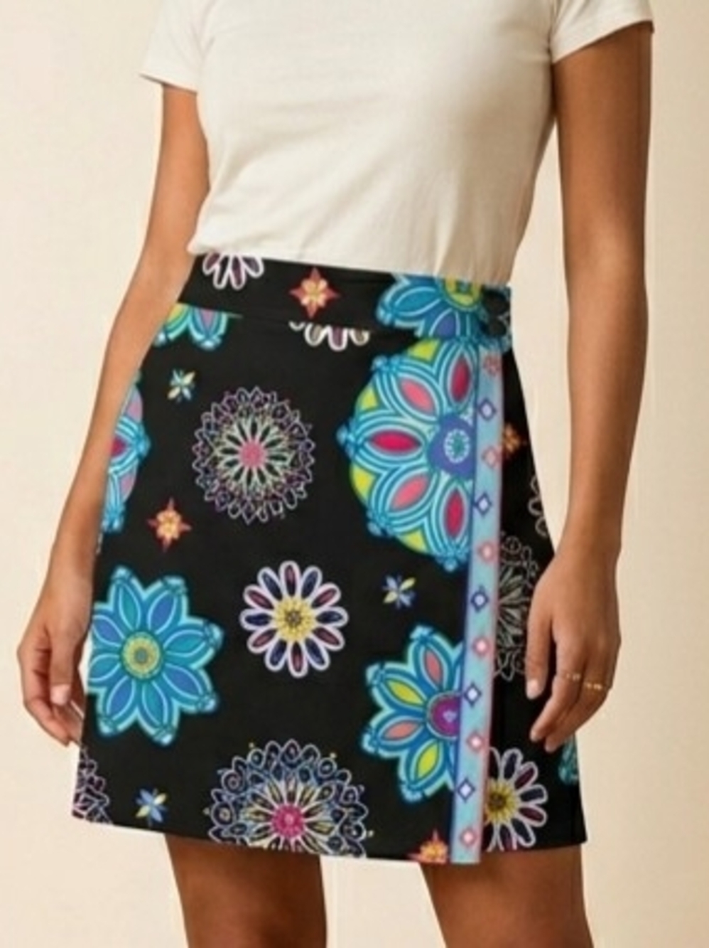Carlisle Black Mini Skirt with Multicolor Floral Medallions Button Accents